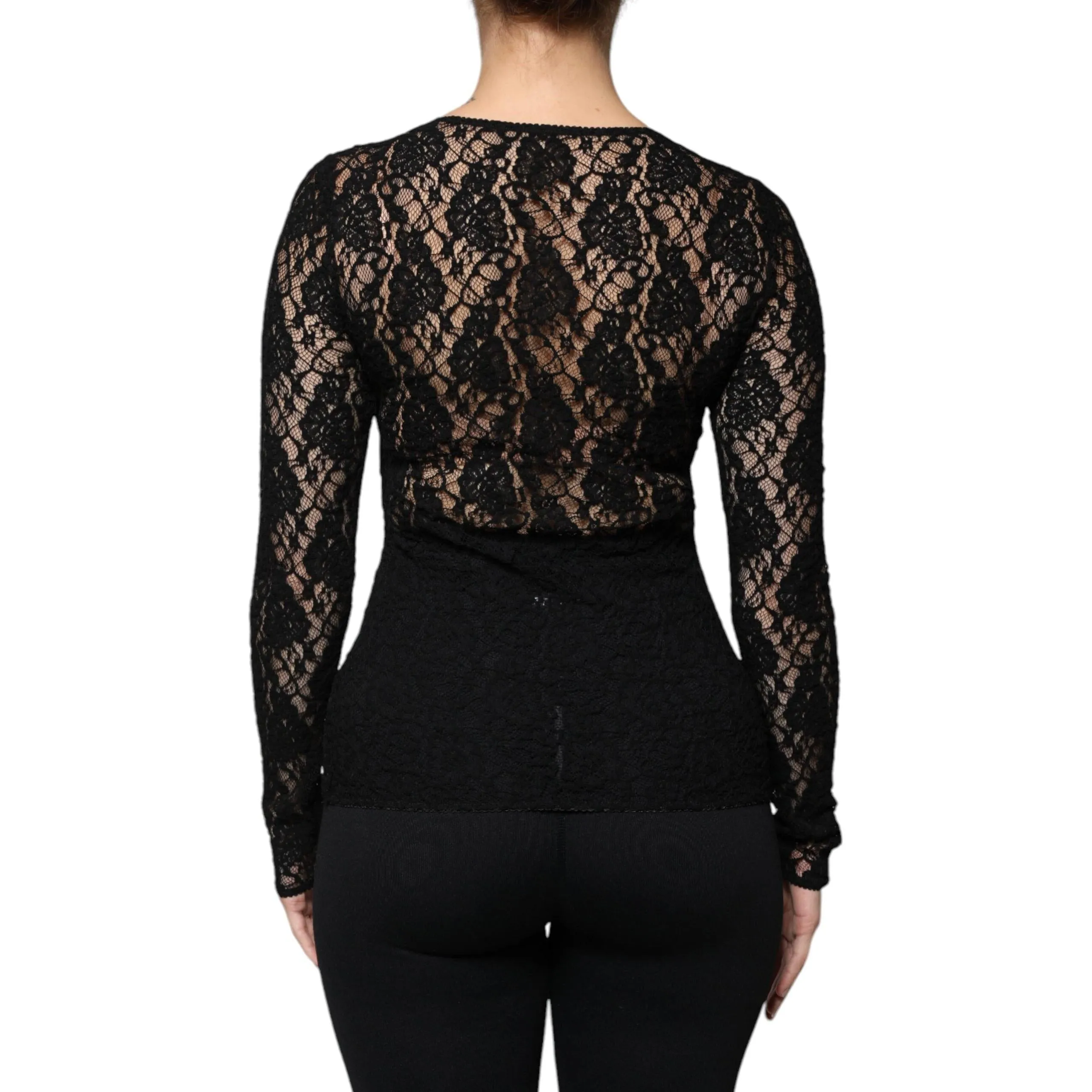 Dolce & Gabbana Black Logo Stripe Lace Long Sleeves Top