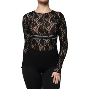 Dolce & Gabbana Black Logo Stripe Lace Long Sleeves Top