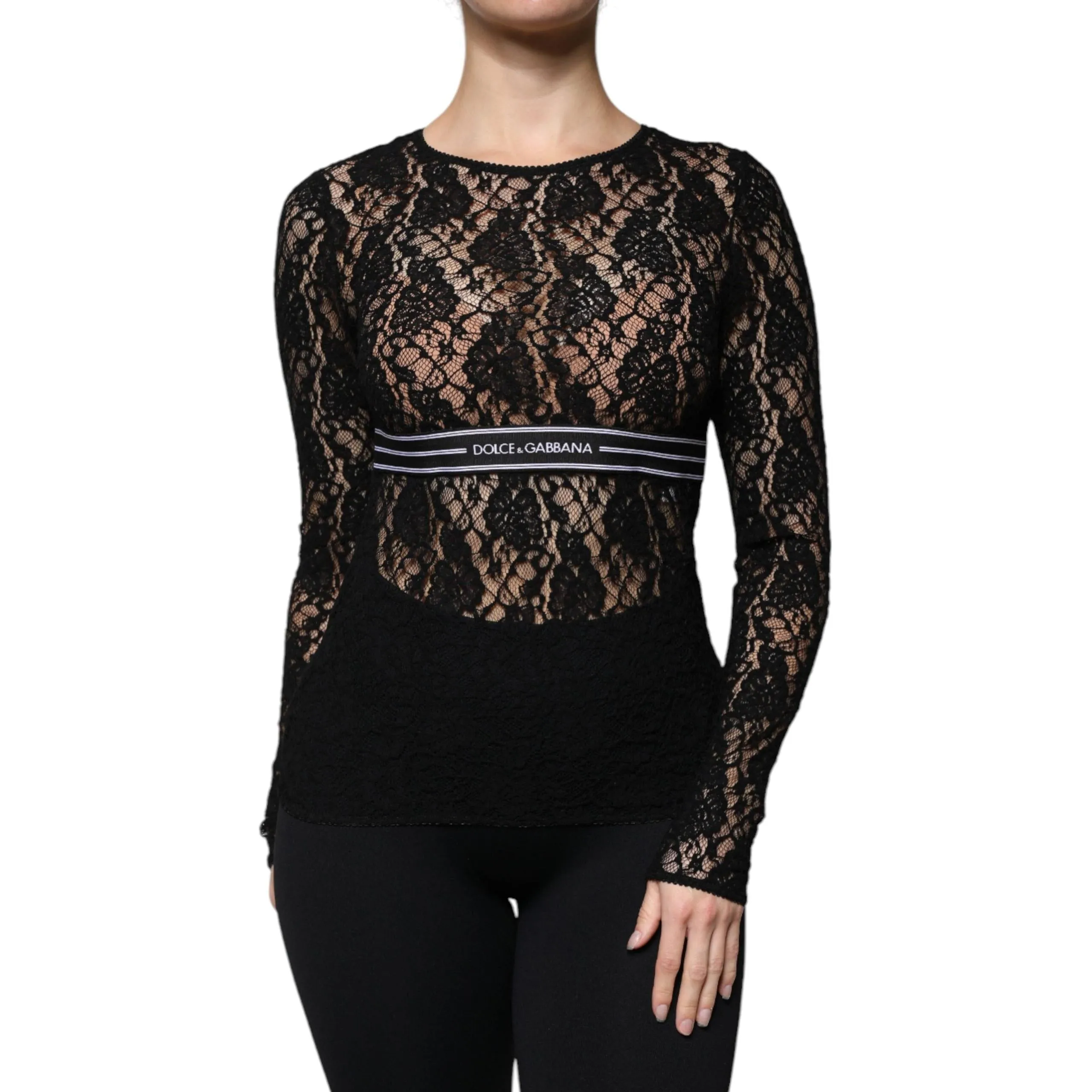 Dolce & Gabbana Black Logo Stripe Lace Long Sleeves Top