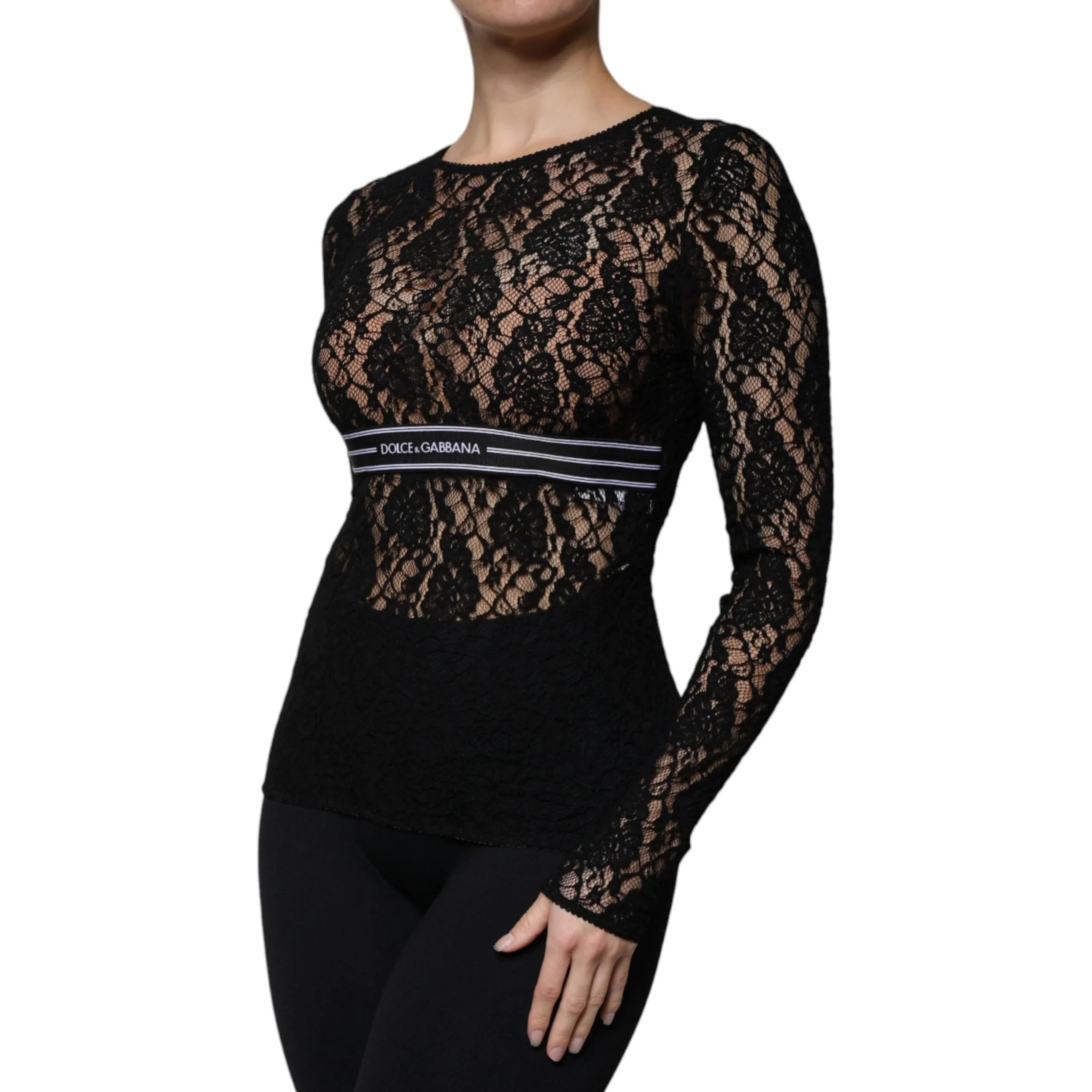 Dolce & Gabbana Black Logo Stripe Lace Long Sleeves Top