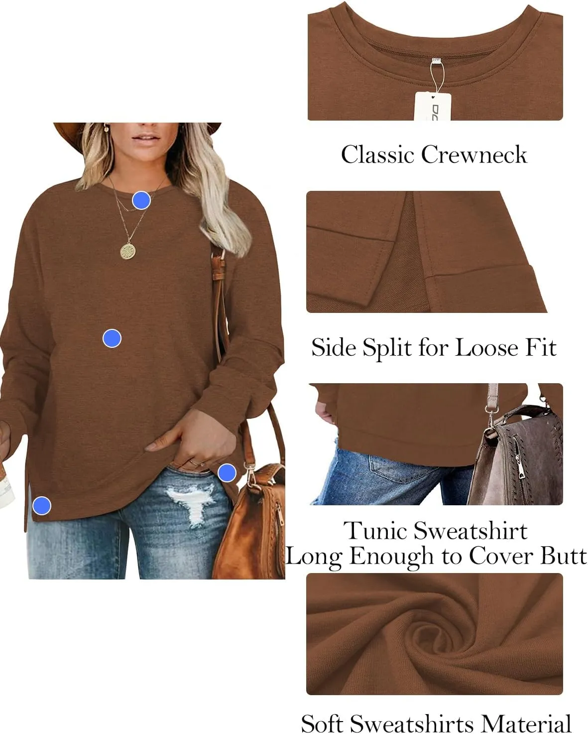 DOLNINE Plus-Size Sweatshirts for Women Casual Tops Side Slit Pullovers Shirts