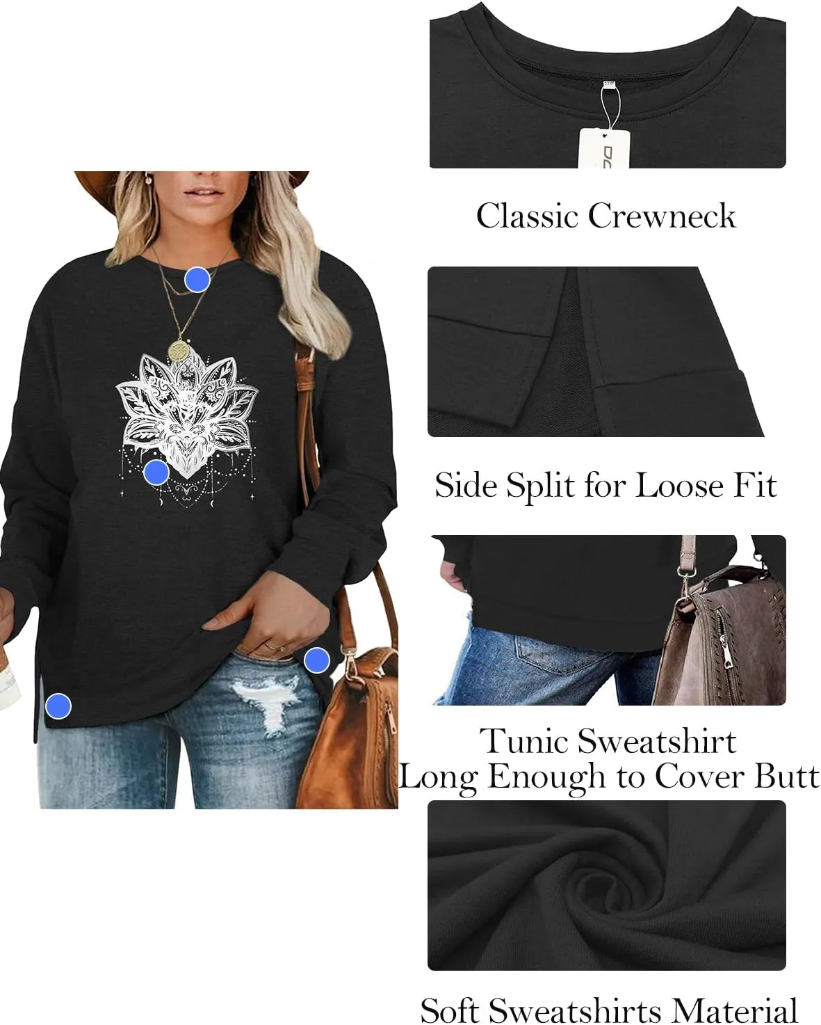 DOLNINE Plus-Size Sweatshirts for Women Casual Tops Side Slit Pullovers Shirts