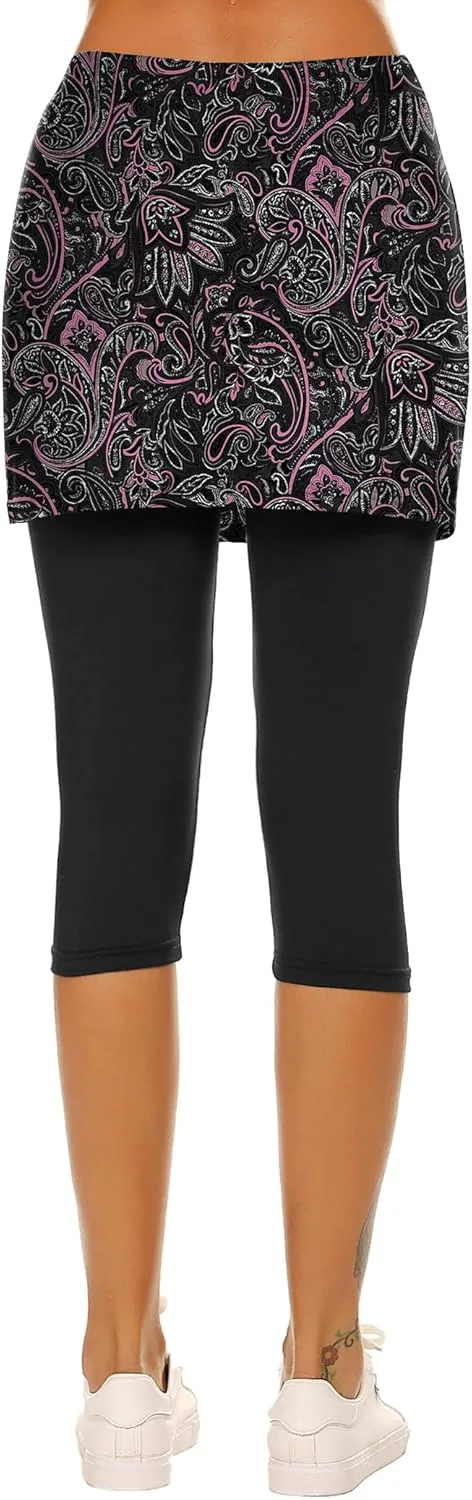 Ekouaer Skirted Leggings for Women Tennis Golf Skorts Capris Gym Yoga Legging with Skirts
