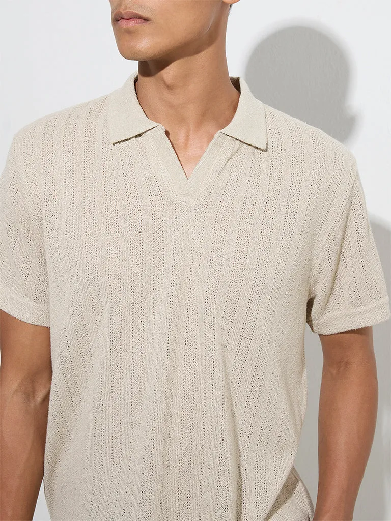 ETA Taupe Knit-Textured Relaxed-Fit Polo T-Shirt