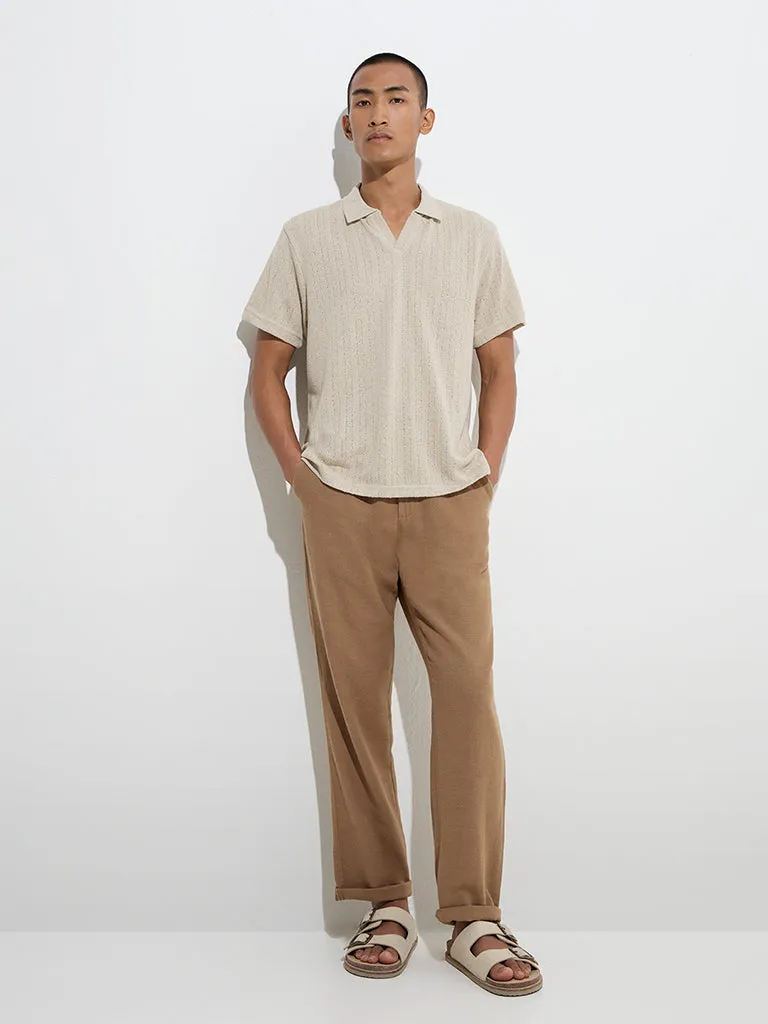 ETA Taupe Knit-Textured Relaxed-Fit Polo T-Shirt