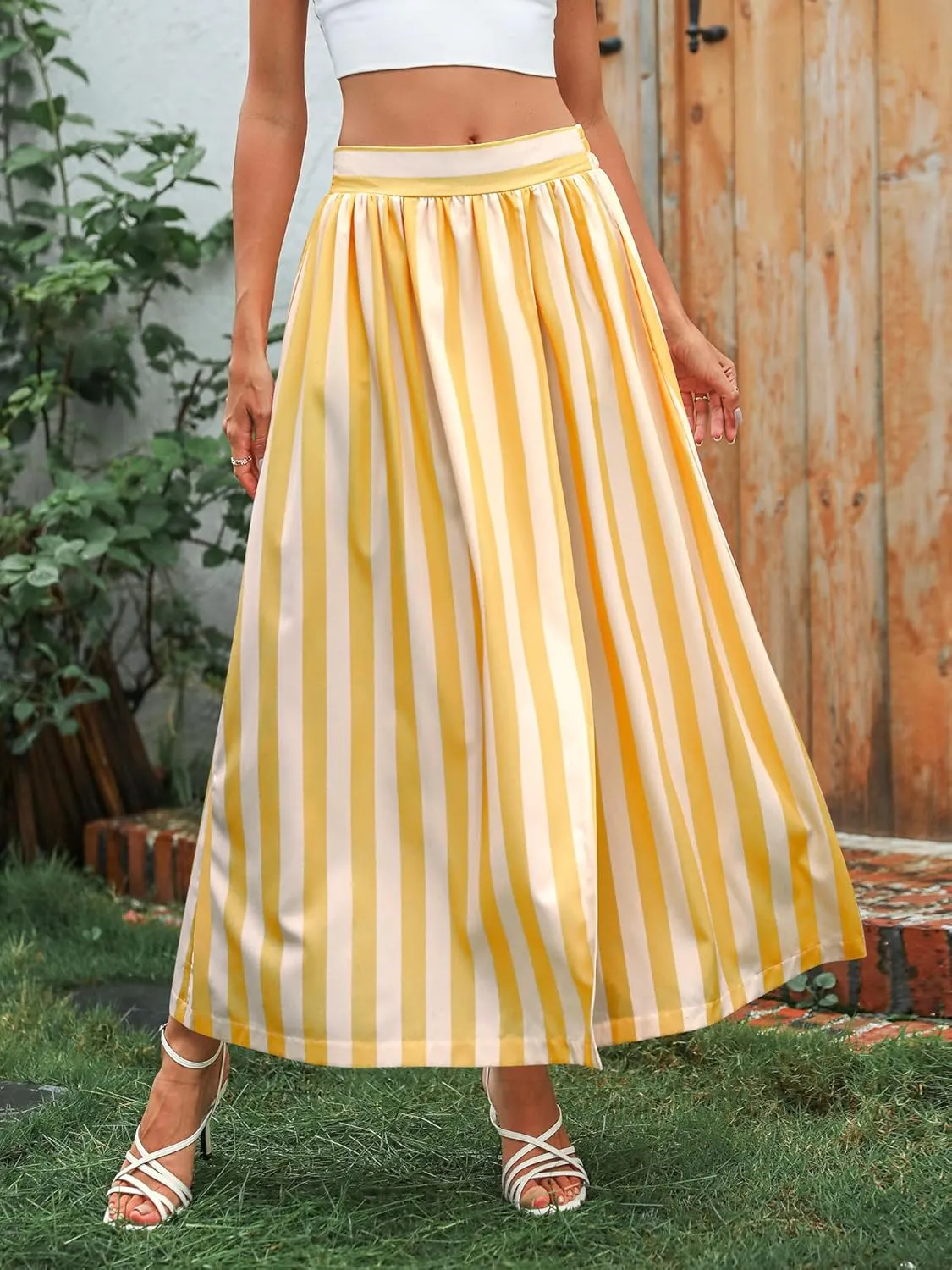 Ezcosplay Women Striped High Waisted Sexy Slit Maxi Skirt Summer Beach Long Flowy Split Thigh Skirts with Pockets