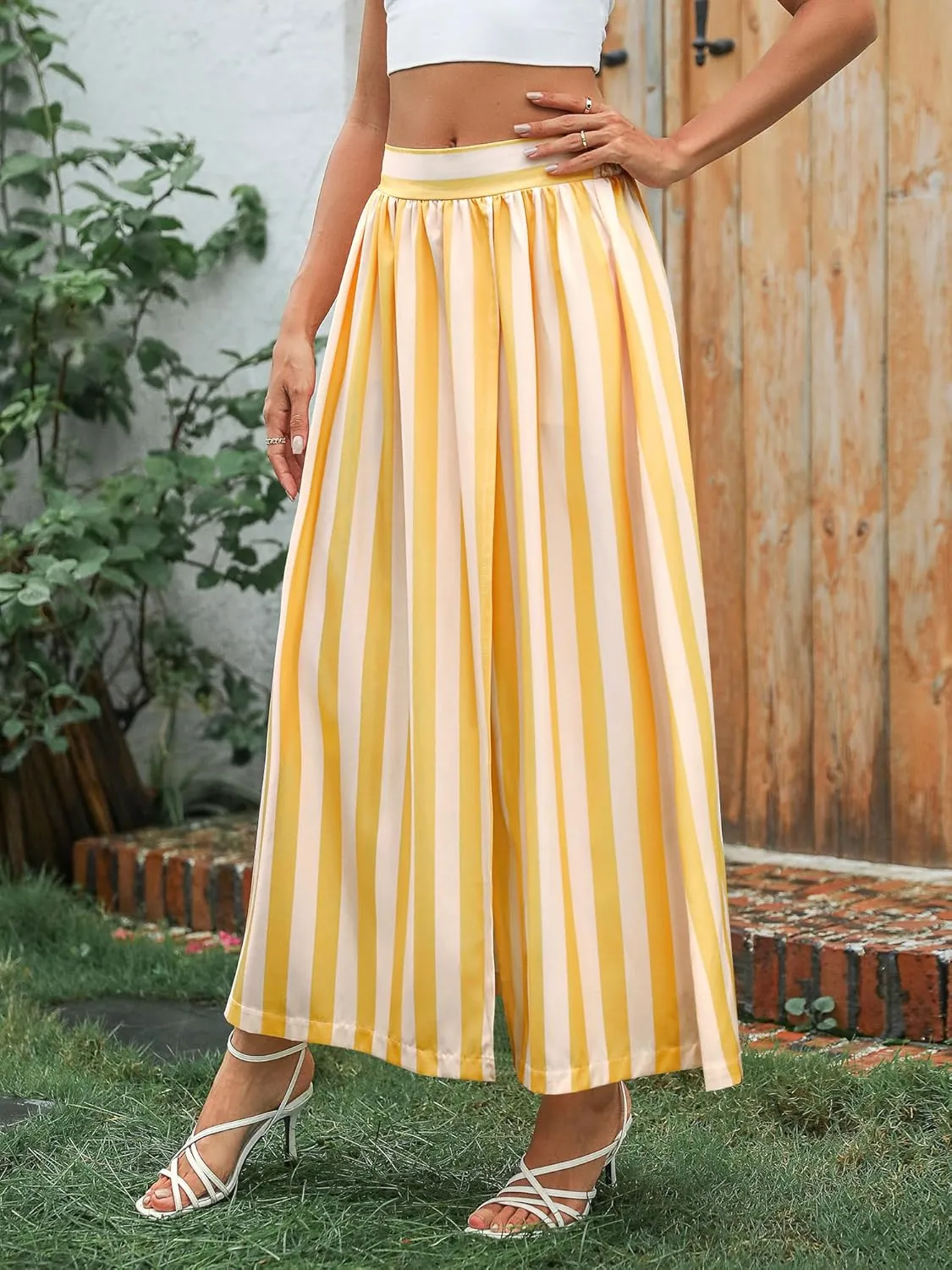 Ezcosplay Women Striped High Waisted Sexy Slit Maxi Skirt Summer Beach Long Flowy Split Thigh Skirts with Pockets