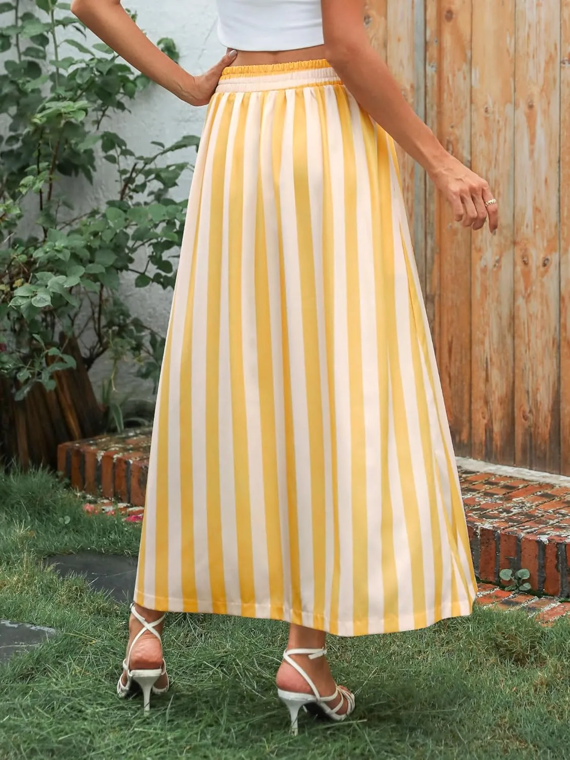 Ezcosplay Women Striped High Waisted Sexy Slit Maxi Skirt Summer Beach Long Flowy Split Thigh Skirts with Pockets
