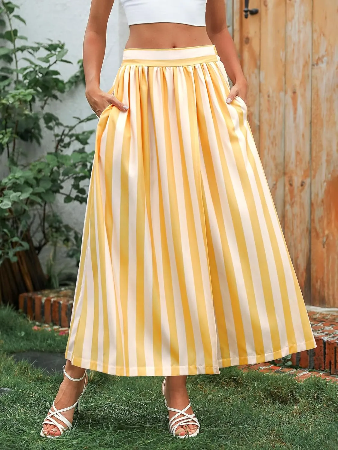 Ezcosplay Women Striped High Waisted Sexy Slit Maxi Skirt Summer Beach Long Flowy Split Thigh Skirts with Pockets