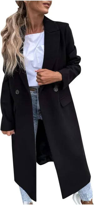 Fall Cardigan for Women 2022 Solid Lapel Collar Trench Coat Open Front Mid Length Wool Blend Coat Elegant Pea Coat