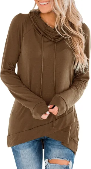 Fallorchid Womens Cowl Neck Tunic Tops Long Sleeve Pullovers Casual Drawstring Sweatshirts