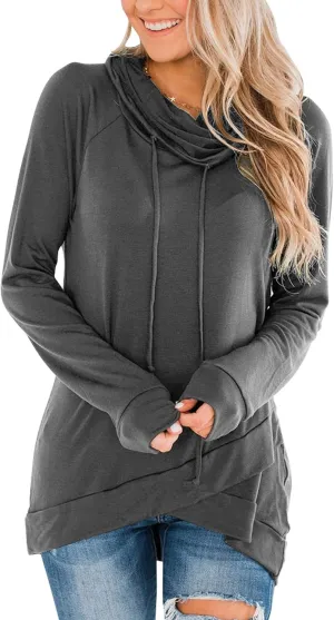 Fallorchid Womens Cowl Neck Tunic Tops Long Sleeve Pullovers Casual Drawstring Sweatshirts