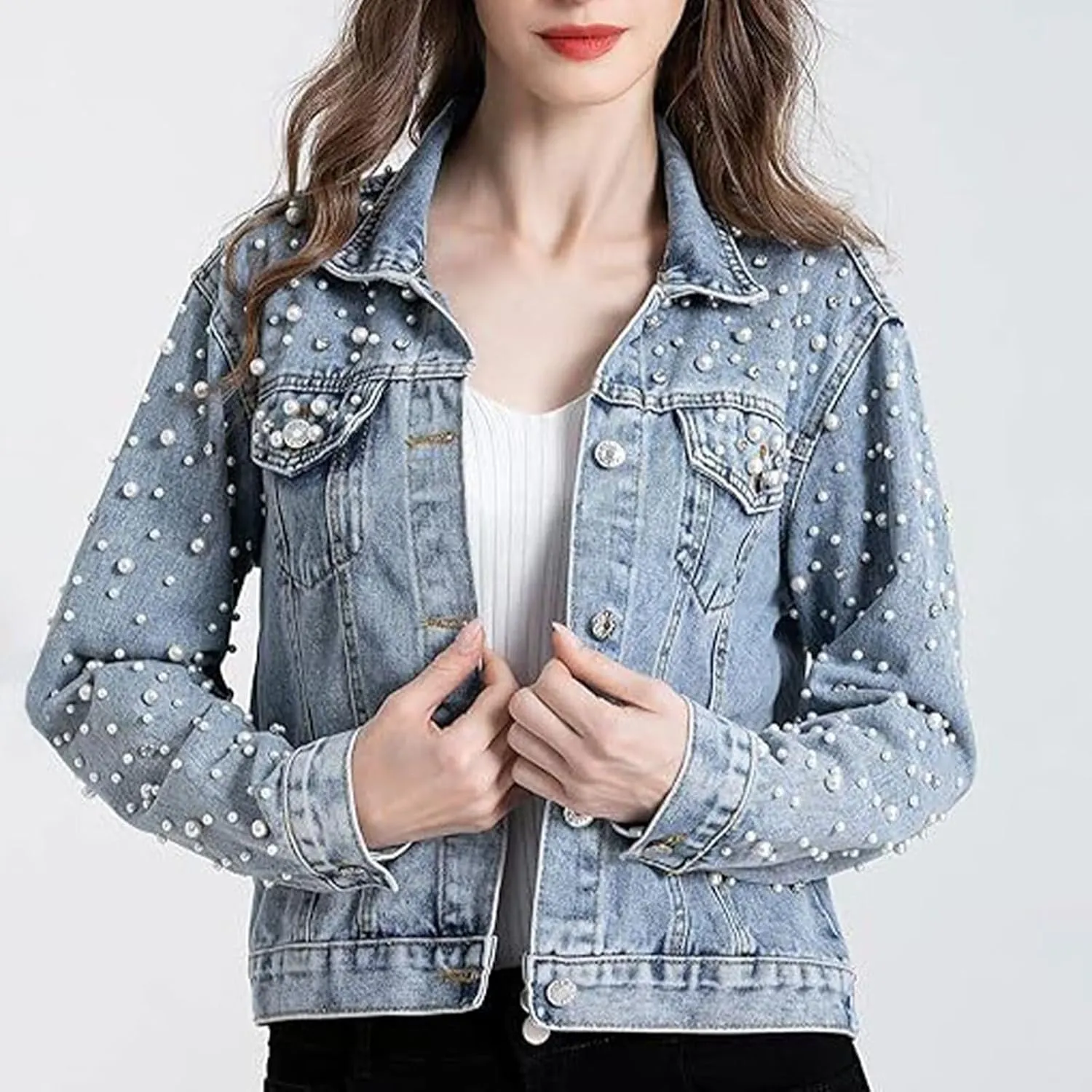 FantasyGears Women's Pearls Denim Jacket Rhinestones Jean Jackets Spring Clothes Crop Jean Jacket for Women