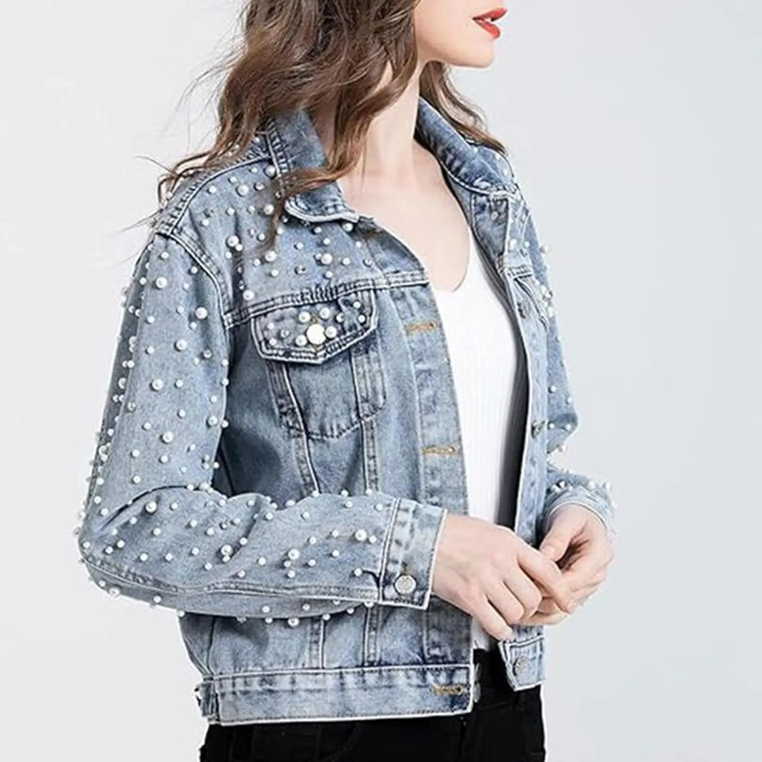 FantasyGears Women's Pearls Denim Jacket Rhinestones Jean Jackets Spring Clothes Crop Jean Jacket for Women