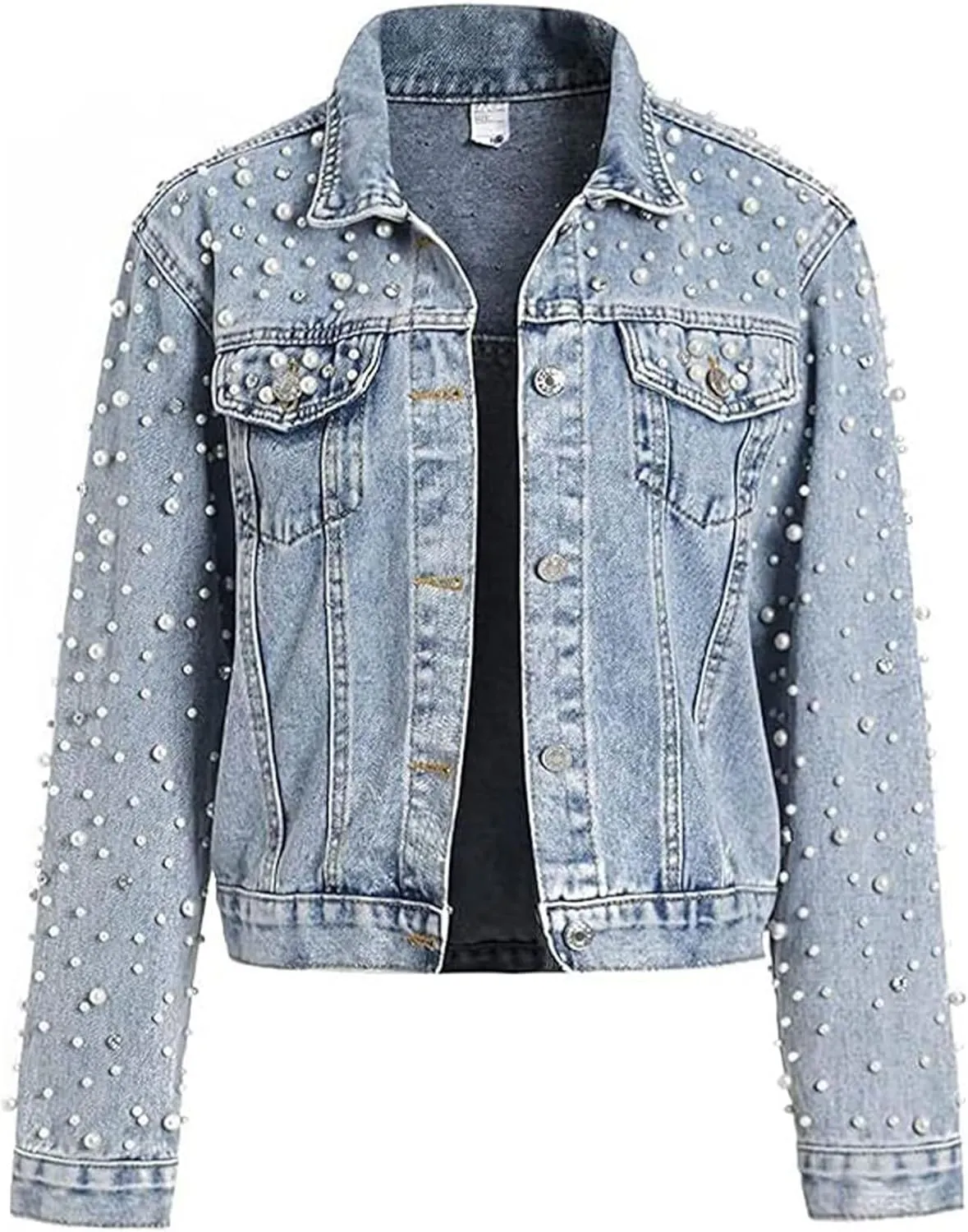 FantasyGears Women's Pearls Denim Jacket Rhinestones Jean Jackets Spring Clothes Crop Jean Jacket for Women