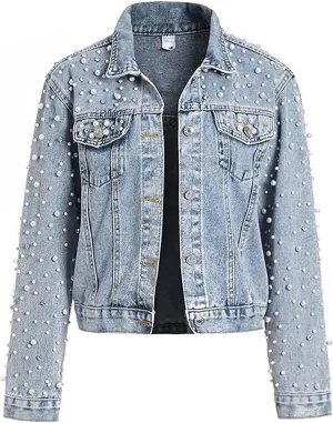 FantasyGears Women's Pearls Denim Jacket Rhinestones Jean Jackets Spring Clothes Crop Jean Jacket for Women
