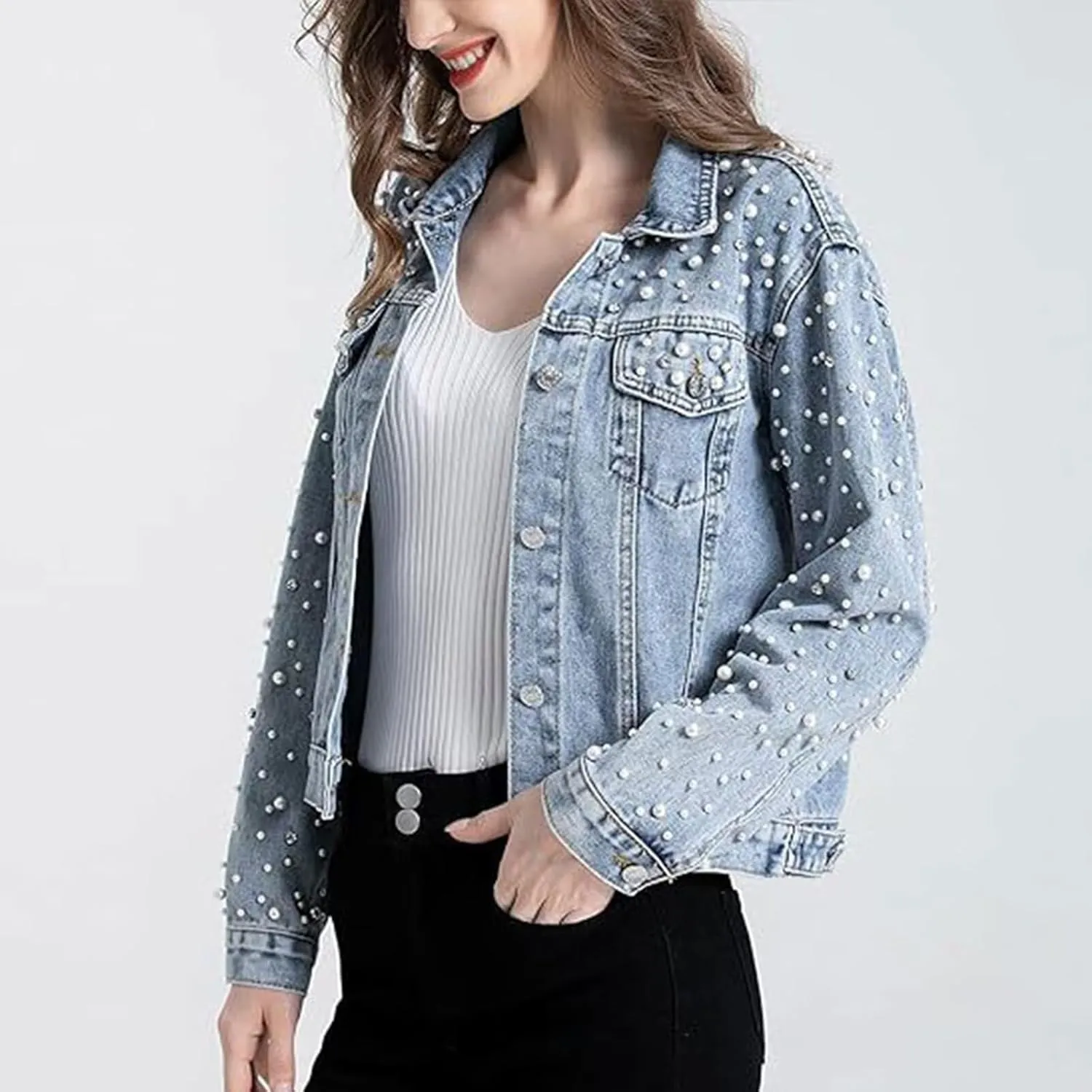 FantasyGears Women's Pearls Denim Jacket Rhinestones Jean Jackets Spring Clothes Crop Jean Jacket for Women