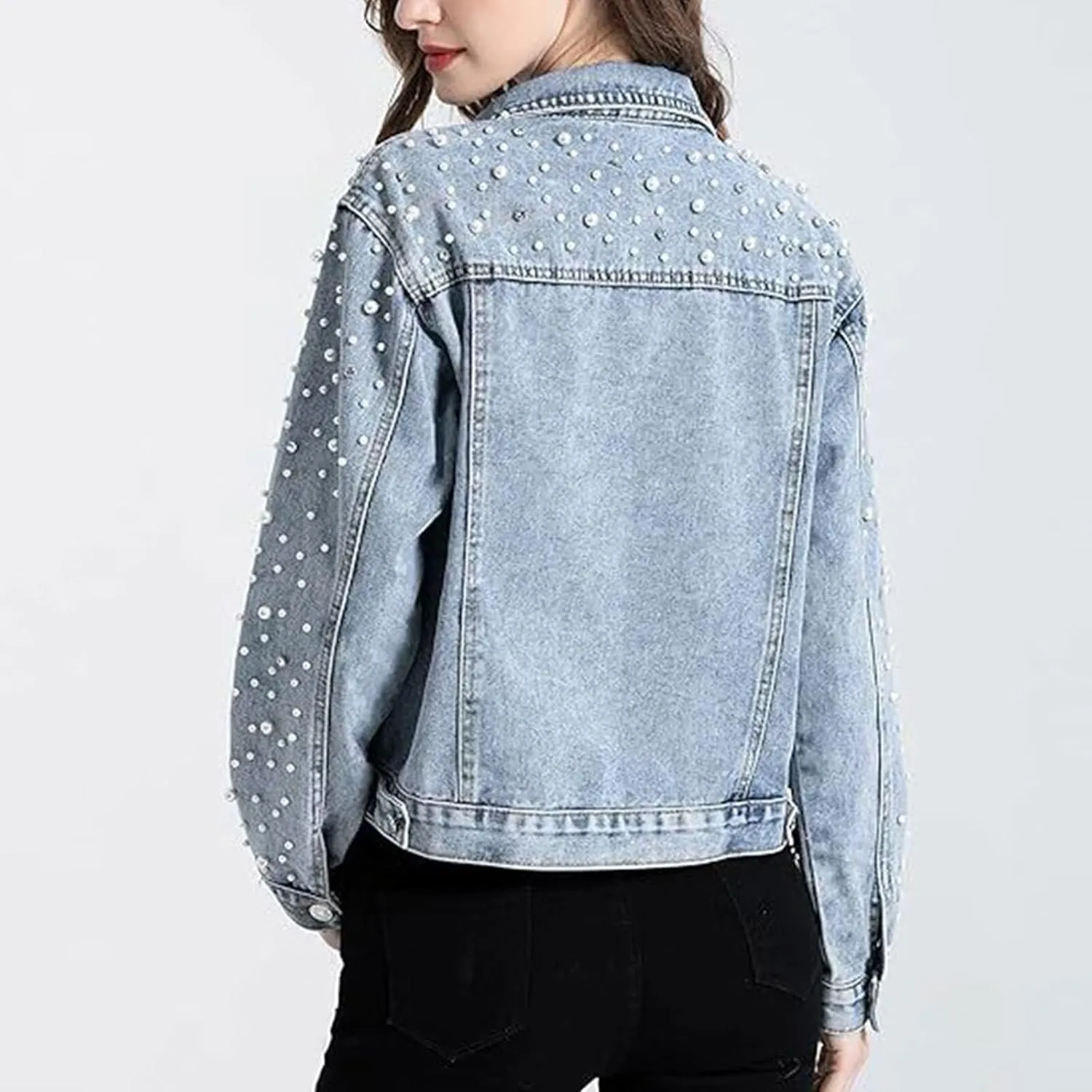 FantasyGears Women's Pearls Denim Jacket Rhinestones Jean Jackets Spring Clothes Crop Jean Jacket for Women
