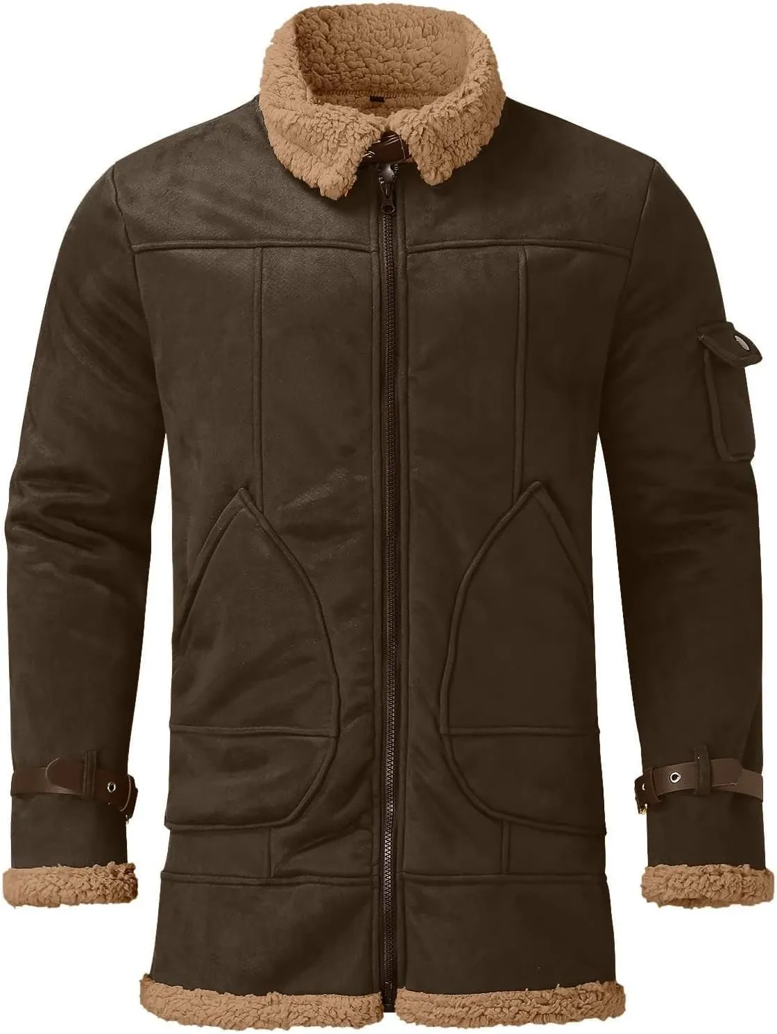 Faux Leather Jackets for Men Cozy Sherpa Fleece Lined Winter Coats Sheepskin Casual Lapel Faux Suede Fur Trench Coat