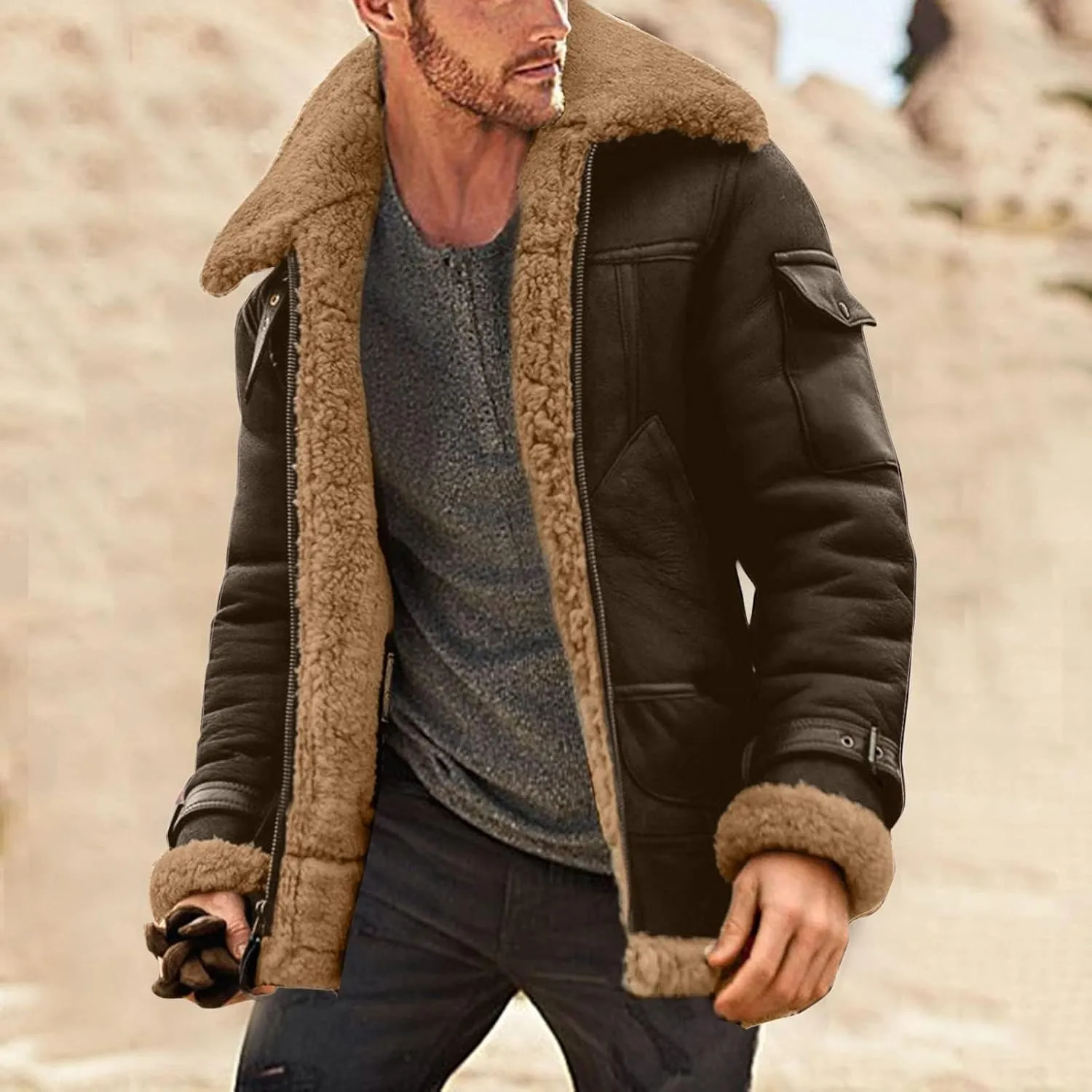 Faux Leather Jackets for Men Cozy Sherpa Fleece Lined Winter Coats Sheepskin Casual Lapel Faux Suede Fur Trench Coat