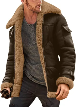 Faux Leather Jackets for Men Cozy Sherpa Fleece Lined Winter Coats Sheepskin Casual Lapel Faux Suede Fur Trench Coat