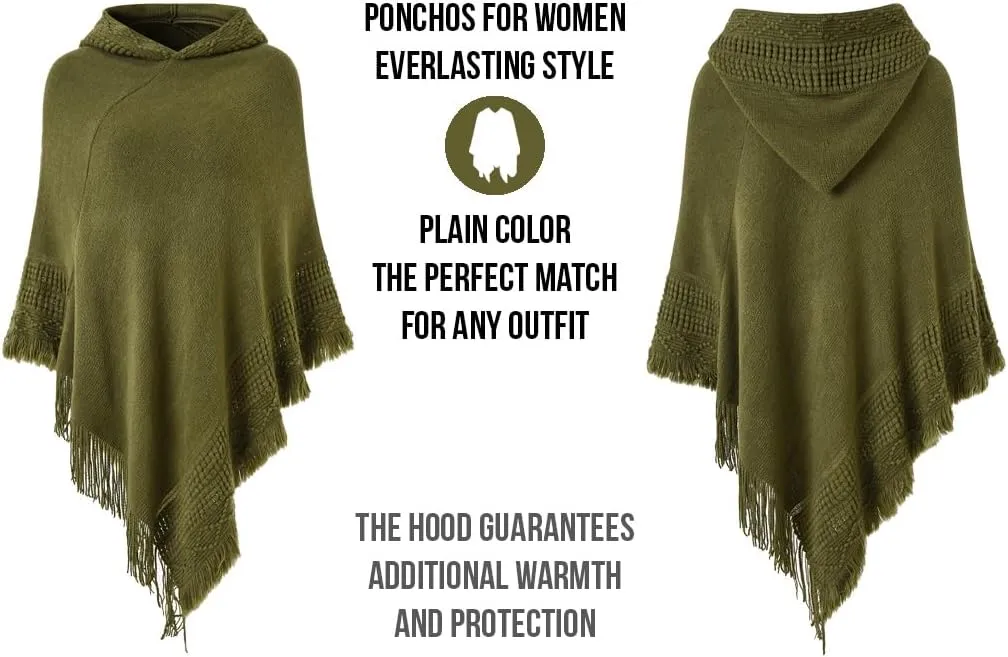 Ferand Ladies' Hooded Cape with Fringed Hem, Crochet Poncho Knitting Patterns for Women
