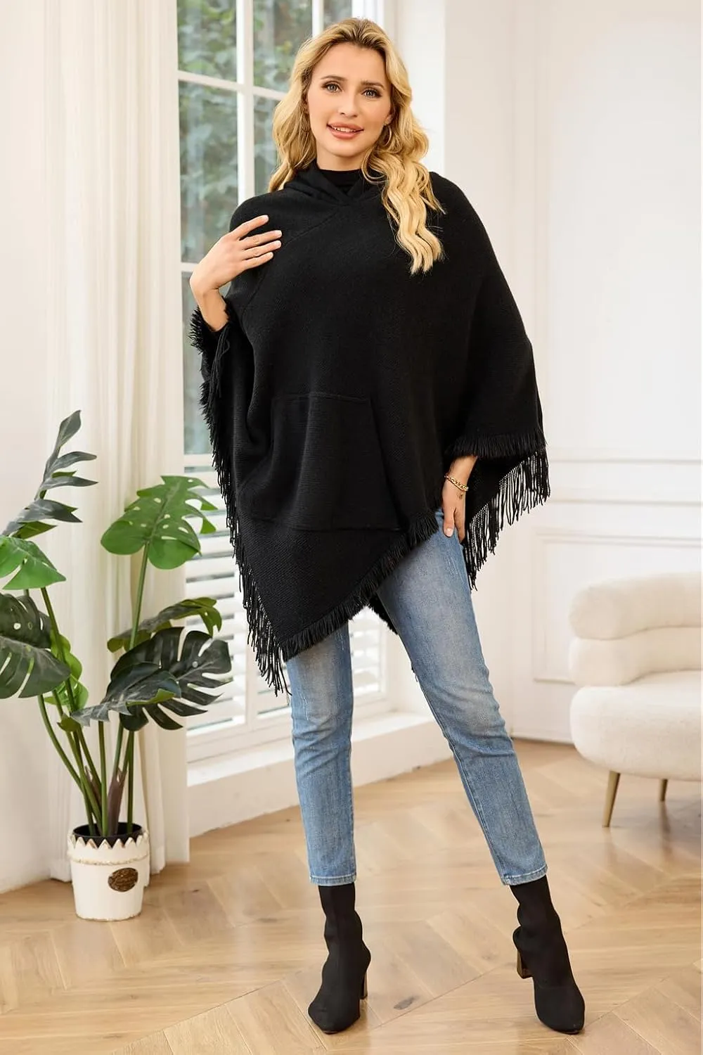 Ferand Ladies' Hooded Cape with Fringed Hem, Crochet Poncho Knitting Patterns for Women