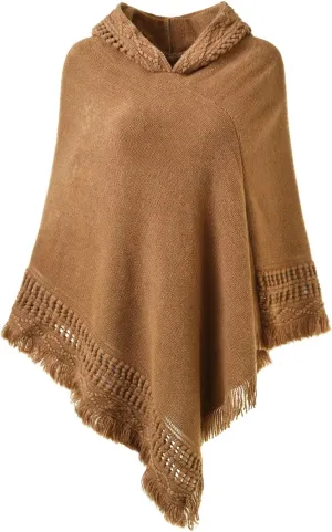 Ferand Ladies' Hooded Cape with Fringed Hem, Crochet Poncho Knitting Patterns for Women