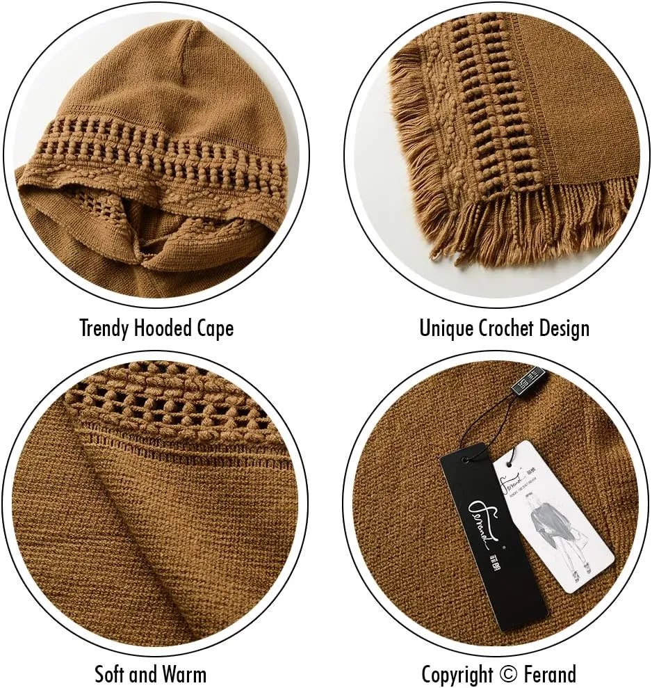 Ferand Ladies' Hooded Cape with Fringed Hem, Crochet Poncho Knitting Patterns for Women