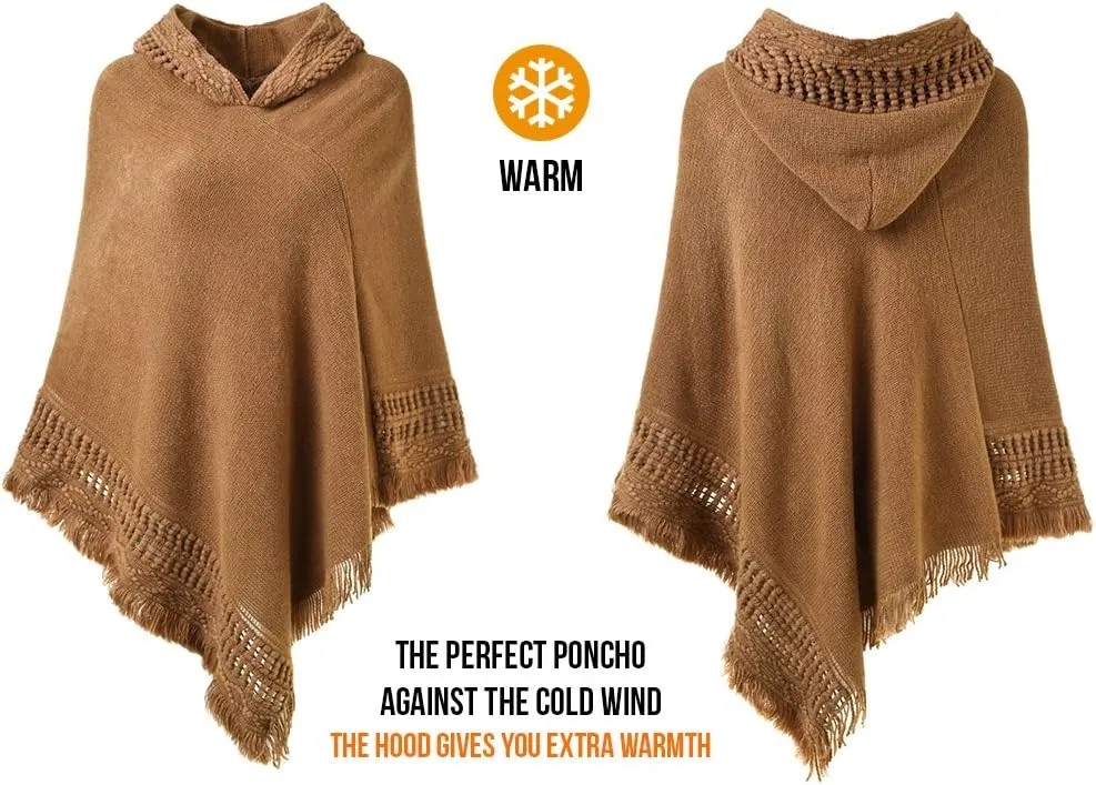Ferand Ladies' Hooded Cape with Fringed Hem, Crochet Poncho Knitting Patterns for Women