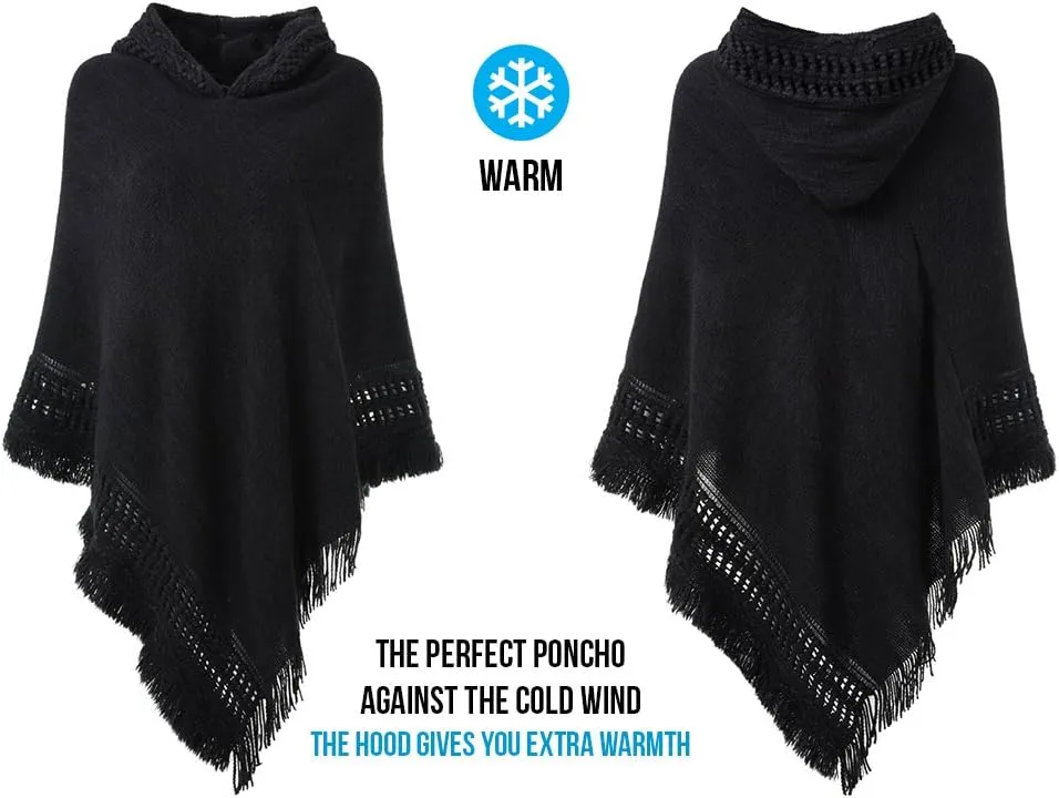 Ferand Ladies' Hooded Cape with Fringed Hem, Crochet Poncho Knitting Patterns for Women