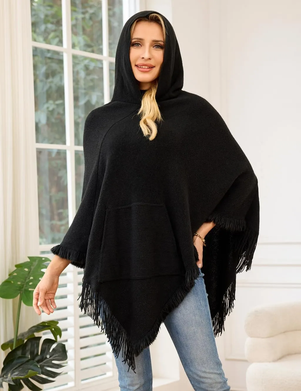 Ferand Ladies' Hooded Cape with Fringed Hem, Crochet Poncho Knitting Patterns for Women