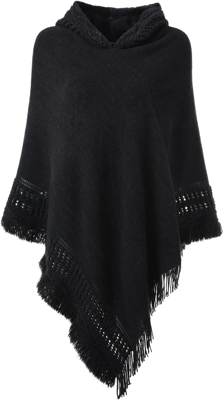 Ferand Ladies' Hooded Cape with Fringed Hem, Crochet Poncho Knitting Patterns for Women
