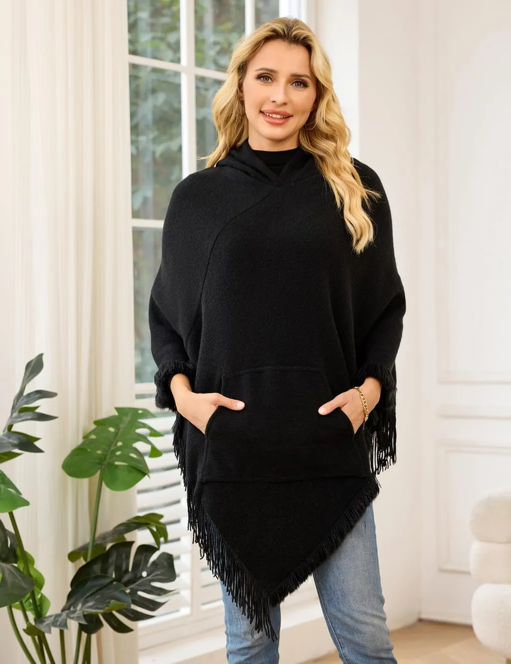 Ferand Ladies' Hooded Cape with Fringed Hem, Crochet Poncho Knitting Patterns for Women