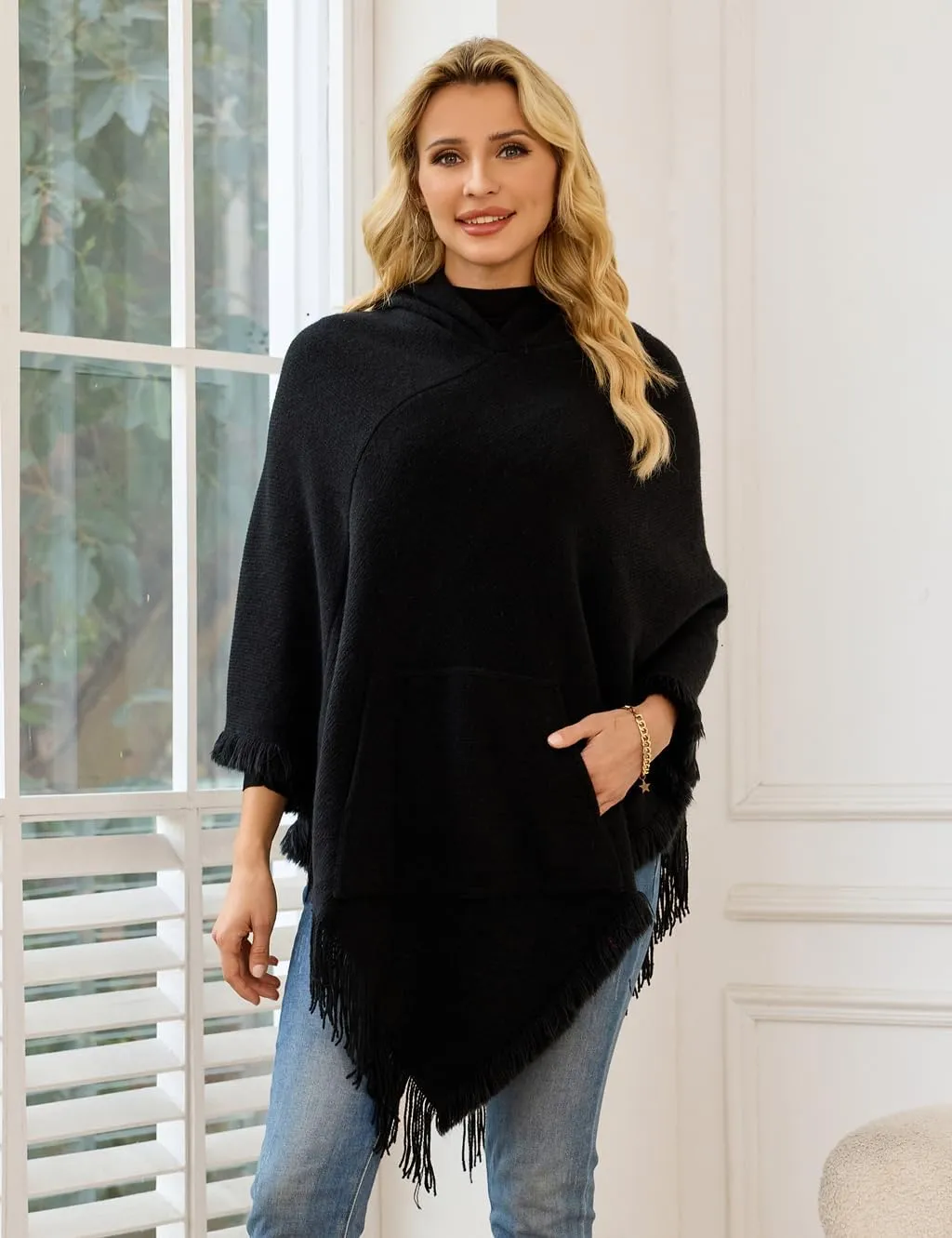 Ferand Ladies' Hooded Cape with Fringed Hem, Crochet Poncho Knitting Patterns for Women
