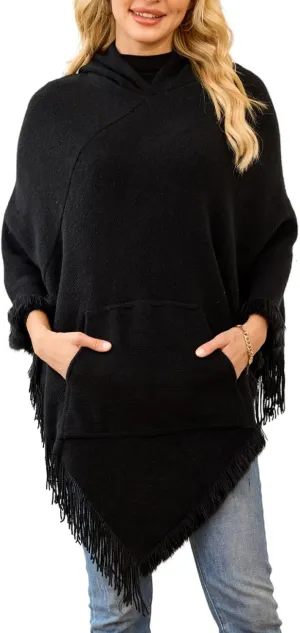Ferand Ladies' Hooded Cape with Fringed Hem, Crochet Poncho Knitting Patterns for Women