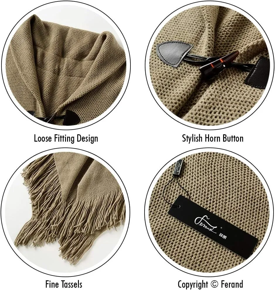 Ferand Womens Loose Fitting Poncho Cape Shawl with Stylish Horn Buttons, V Neckline and V Hem