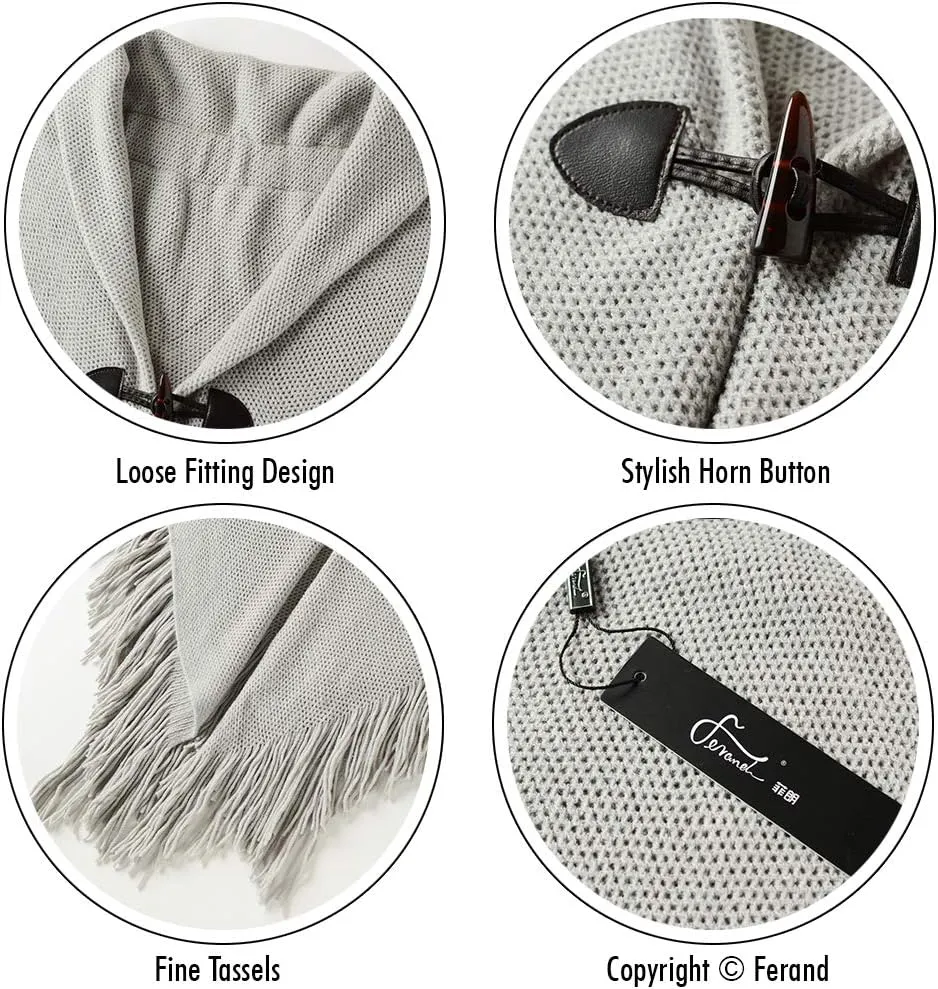 Ferand Womens Loose Fitting Poncho Cape Shawl with Stylish Horn Buttons, V Neckline and V Hem