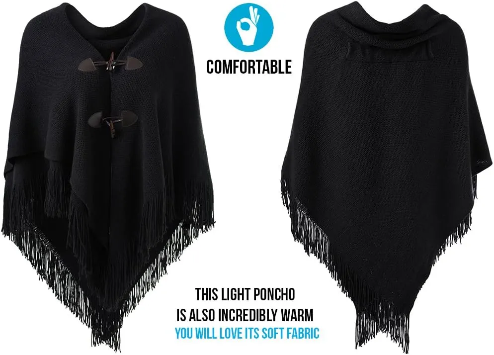 Ferand Womens Loose Fitting Poncho Cape Shawl with Stylish Horn Buttons, V Neckline and V Hem