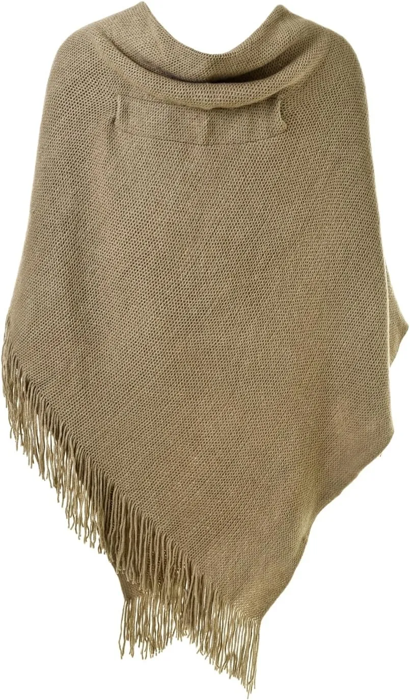 Ferand Womens Loose Fitting Poncho Cape Shawl with Stylish Horn Buttons, V Neckline and V Hem