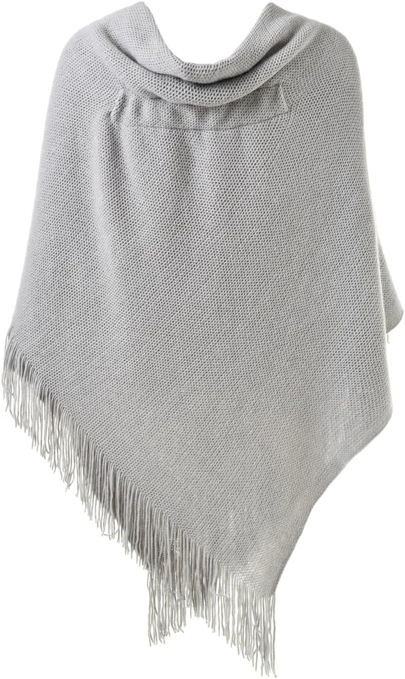 Ferand Womens Loose Fitting Poncho Cape Shawl with Stylish Horn Buttons, V Neckline and V Hem