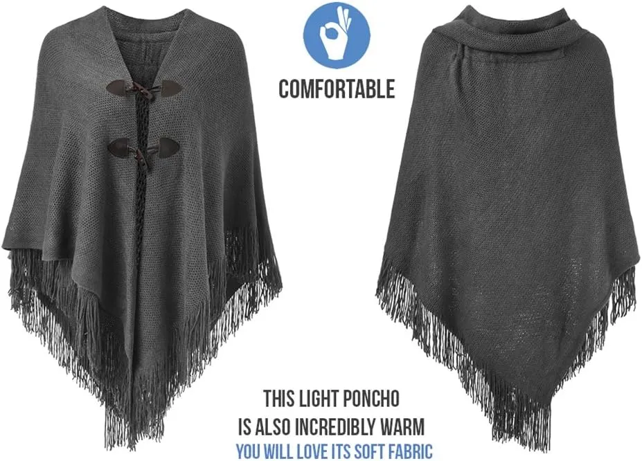 Ferand Womens Loose Fitting Poncho Cape Shawl with Stylish Horn Buttons, V Neckline and V Hem
