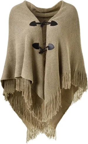 Ferand Womens Loose Fitting Poncho Cape Shawl with Stylish Horn Buttons, V Neckline and V Hem