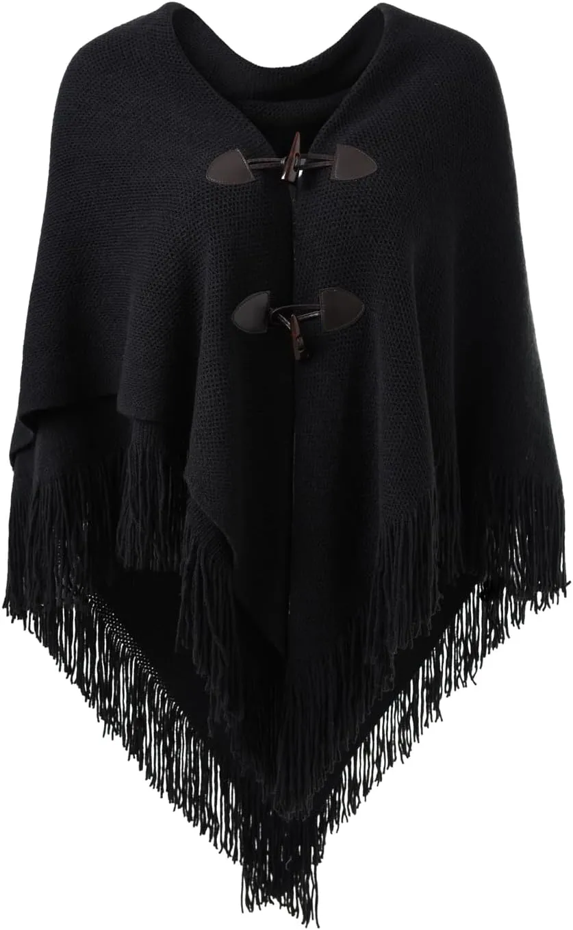 Ferand Womens Loose Fitting Poncho Cape Shawl with Stylish Horn Buttons, V Neckline and V Hem