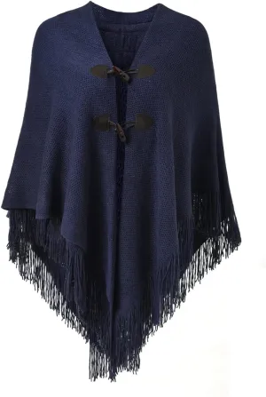 Ferand Womens Loose Fitting Poncho Cape Shawl with Stylish Horn Buttons, V Neckline and V Hem