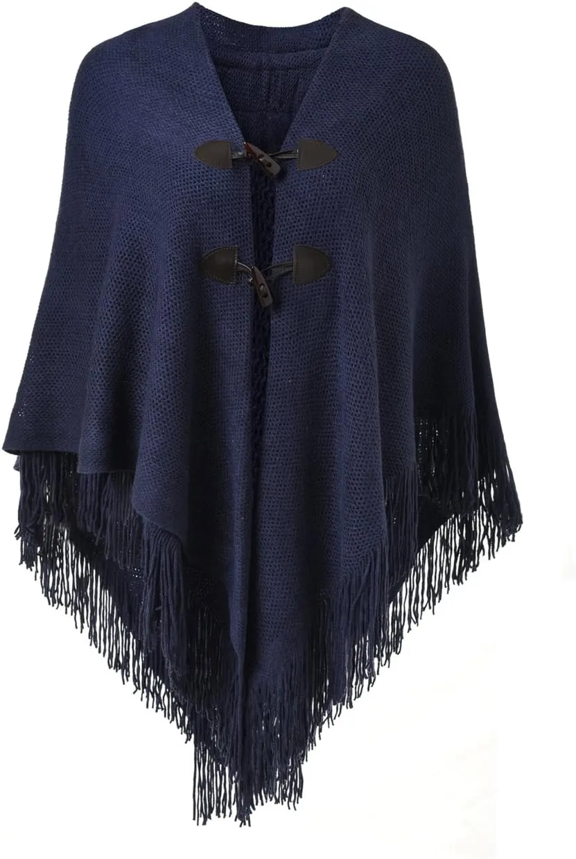 Ferand Womens Loose Fitting Poncho Cape Shawl with Stylish Horn Buttons, V Neckline and V Hem