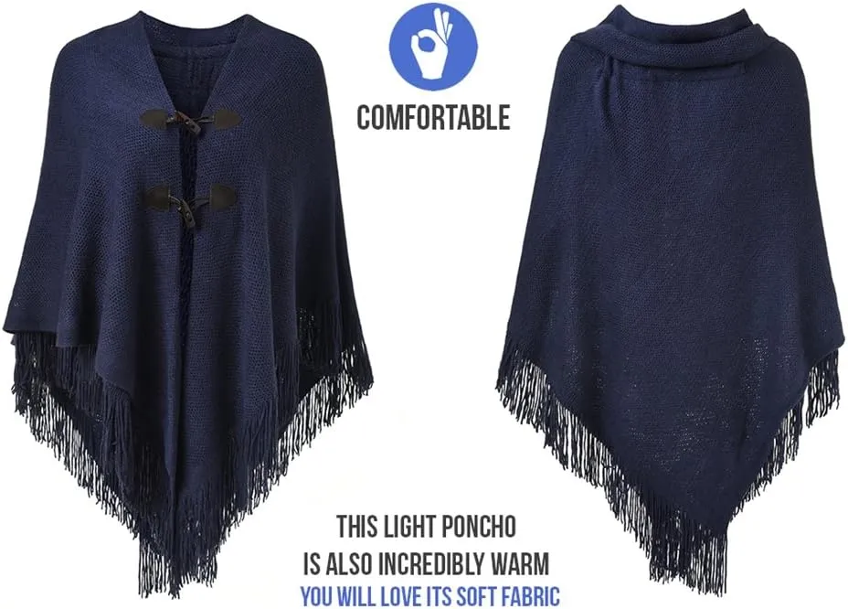 Ferand Womens Loose Fitting Poncho Cape Shawl with Stylish Horn Buttons, V Neckline and V Hem