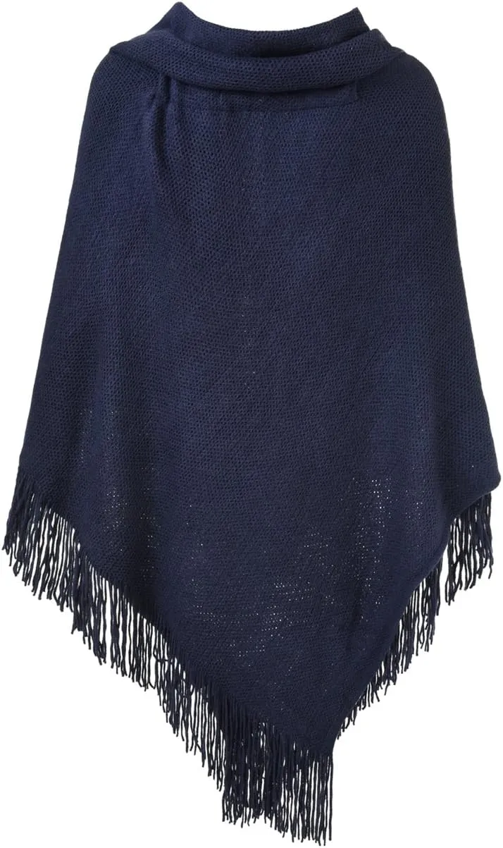 Ferand Womens Loose Fitting Poncho Cape Shawl with Stylish Horn Buttons, V Neckline and V Hem