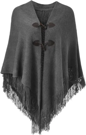 Ferand Womens Loose Fitting Poncho Cape Shawl with Stylish Horn Buttons, V Neckline and V Hem