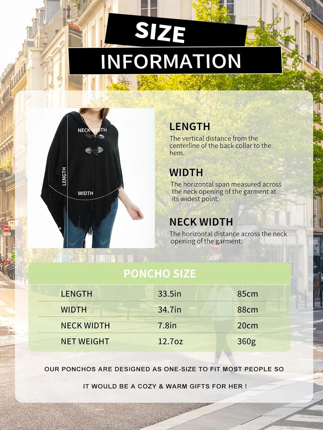 Ferand Womens Loose Fitting Poncho Cape Shawl with Stylish Horn Buttons, V Neckline and V Hem